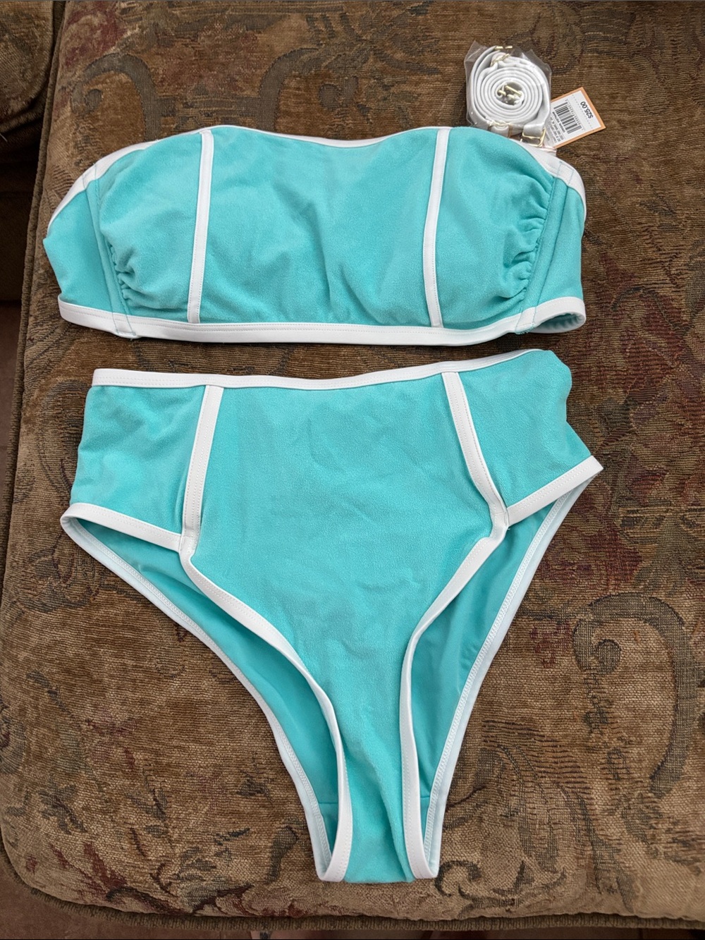 Kona Sol Turquoise Soft Terry Bandeau High-Waist Bikini with White Trim